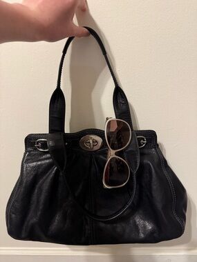 Coach Black Leather Shoulder Bag with Silver Hardware and Lilac Lining